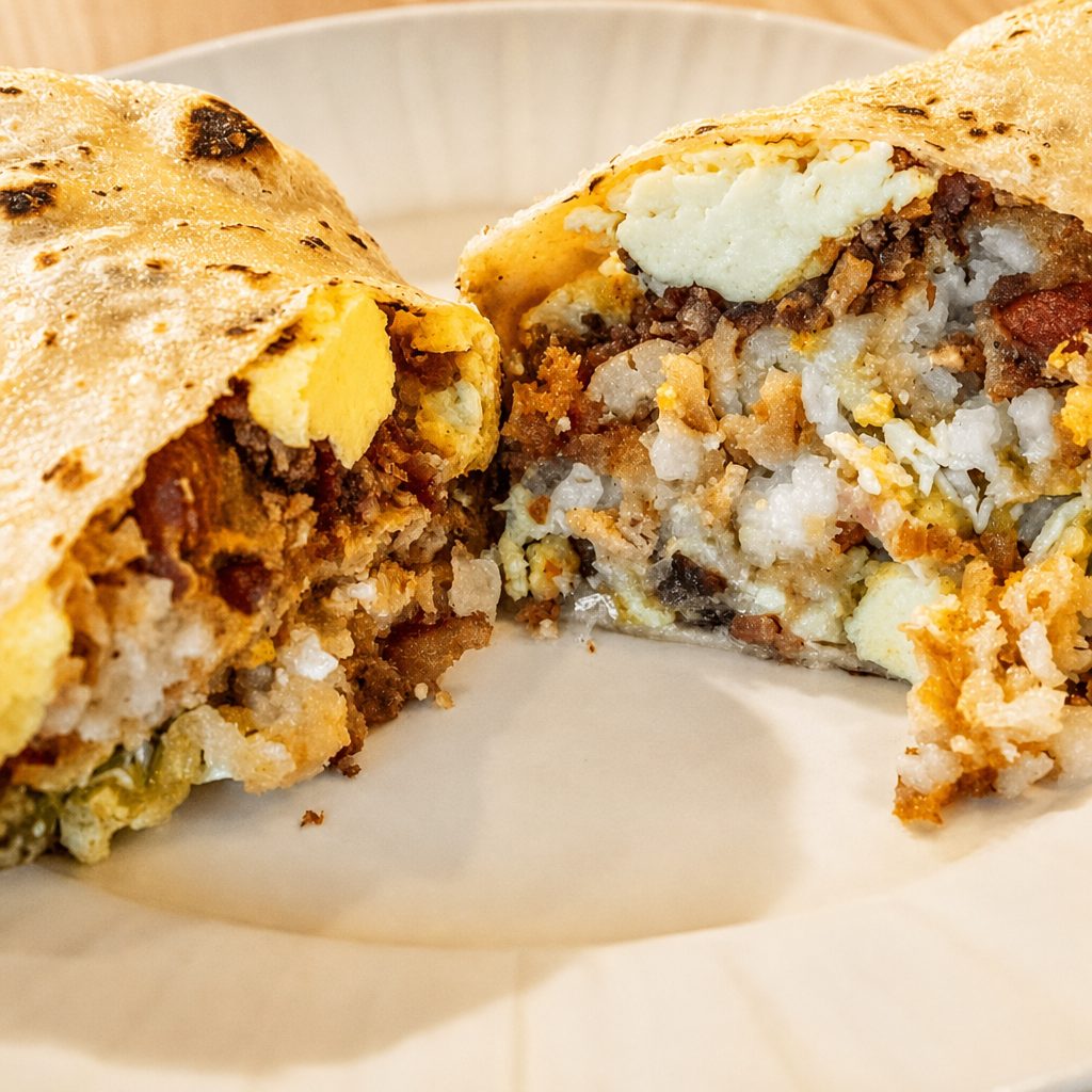 Sausage and Bacon Breakfast Burrito.